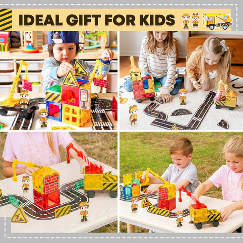 Kids Games Magnetic Tiles with 2 Cranes Construction Toys Set for Boys Girls Ages 3-13, Outdoor Sensory Toys