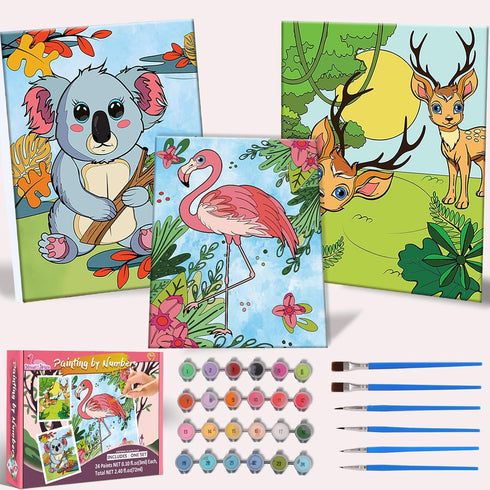 Paint By Numbers Kit for Kids and Adults, 3 Pack Pre Drawn Canvas, 8x10 Inch Framed Canvas with 24 Acrylic Paint Pot
