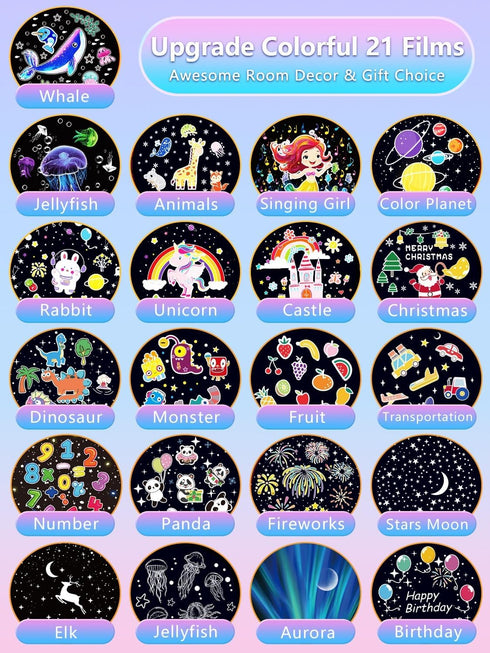 21 Sets 360 of Films + Projector Night Light for Kids, Kids Night Light Projector, Ceiling, Remote Control & Bluetooth