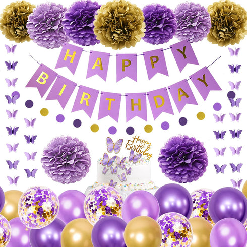 Ouddy Party Purple Birthday Decorations for Women Girls, Butterfly Hanging Garland, Happy Birthday Banner, Purple Gold