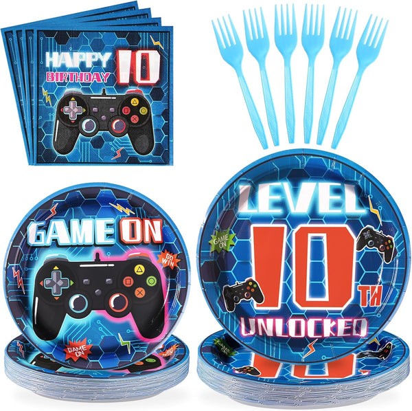 96 Pcs 10th Birthday Video Game Party Supplies - 350 GSM Disposable Paper Plates and Napkins Tableware Set for Kids Boys