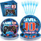 96 Pcs 10th Birthday Video Game Party Supplies - 350 GSM Disposable Paper Plates and Napkins Tableware Set for Kids Boys