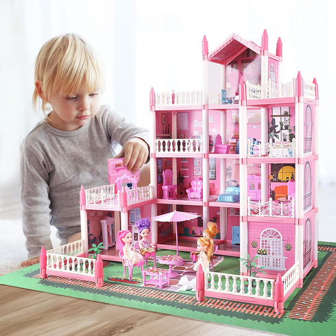 Doll House Set for Girls, Princess House Toys with 4 Dolls and 4-Story 11 Rooms for Kids