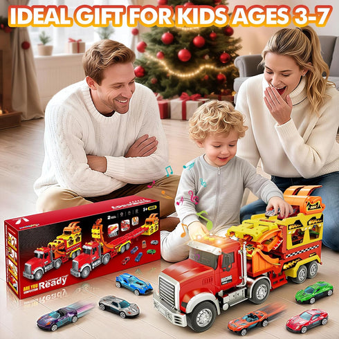 RIANEAN 3 4 5 6 7 8 Playset 6 Kids Toys for Years Old Boys, Carrier Truck Transport Car with Lights Sounds, Foldable