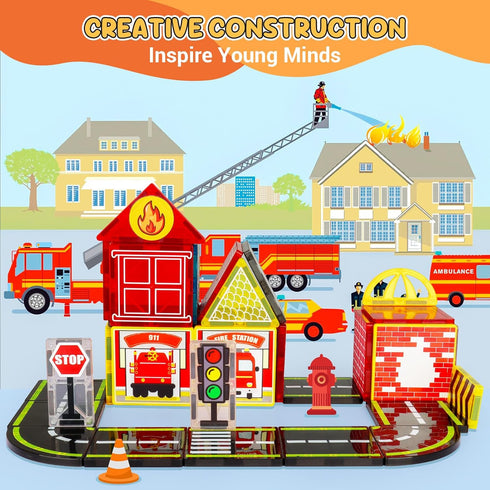 Set 2 2 3-5 5-7, 3+ Magnetic Tiles Road with Fire Trucks & Dolls, Double-Sided Magnet Tiles with Cranes, Toys for Boys