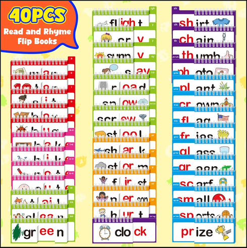 Edulok 40 Read and Rhyme Flip Books,Phonics Word Family Build Book Learn to Read Phonics Flash Cards,Sight Words Flash