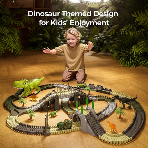 TUMAMA Dinosaur Toys Race Track, 281 Pcs Dinosaur Train Set for Kids 3-5 5-7, Flexible Tracks with 4 Dinosaurs, 2