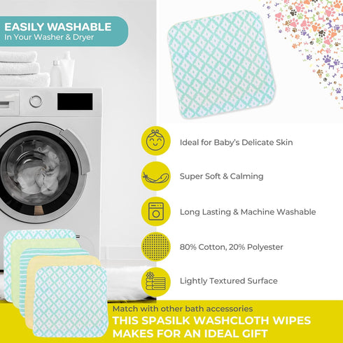 Spasilk Soft Terry Washcloth Wipes Set for Newborn Boys and Girls, Pack of 10 (Green Diamonds)