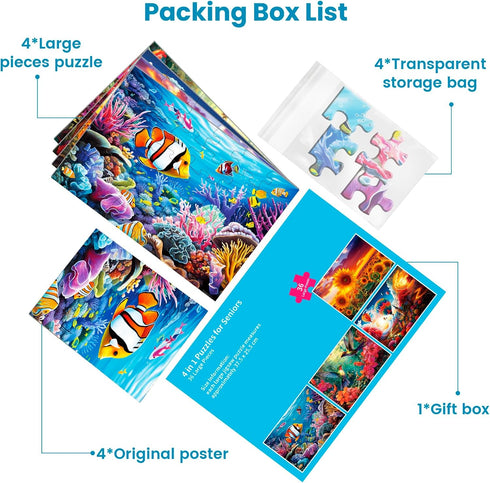 4 Packs Large Piece Puzzle for Seniors - Dementia 36 Pieces Puzzles for Elderly Adults,Alzheimer’s Puzzles Memory Cognitive Games for Elderly Seniors with 4 Storage Bags