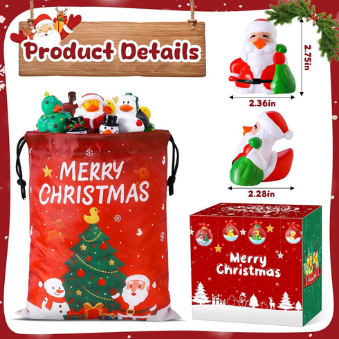 24 Pcs Christmas Rubber Ducks with a Bag, Christmas Stocking Stuffers for Kids, Santa Duckies for Xmas Party Favors