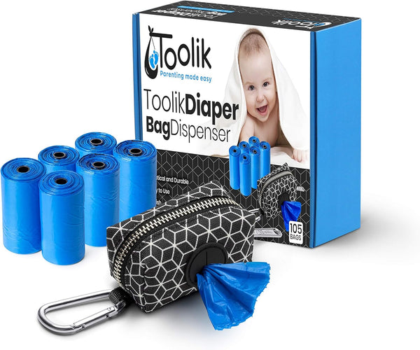 Toolik Diaper Bag Dispenser with 105 Disposable Unscented Waste Bags (7 Refill