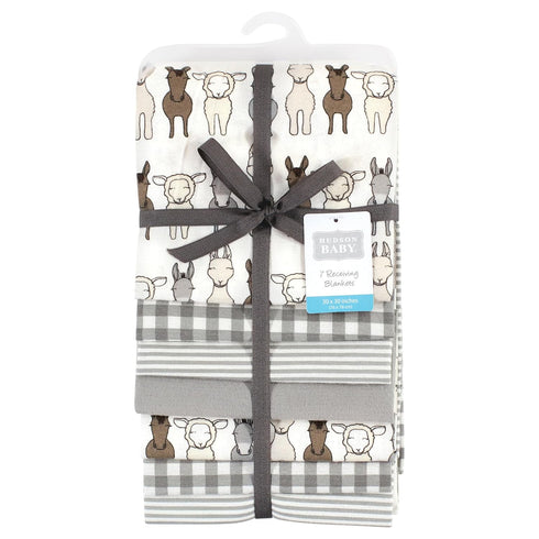 Multipack, 30x30 inches (Pack 2) Hudson Baby Little Treasure Cotton Poly Flannel Receiving Blankets Beige Farm Friends