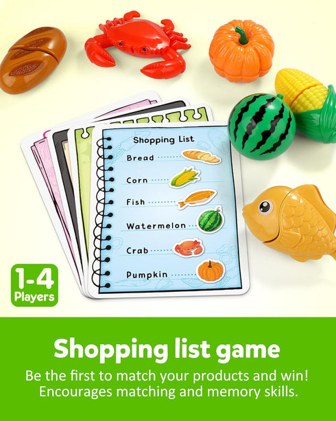 3 4 5 Coogam Pretend Play Food Kitchen Accessories for Kids, Fake Fruits Meats Vegetables Cutting Food with Shopping