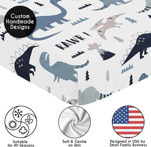 Sweet Jojo Designs Fitted Baby Crib Sheets (Blue Dinosaur) for Boys, Infant Nursery, Toddler Room - Standard Size