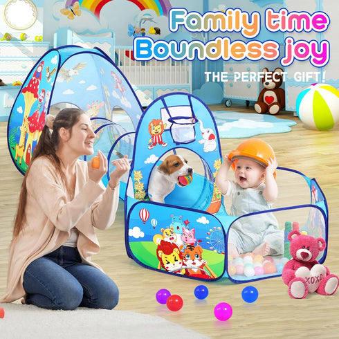3 in 1 Kids Play Tent for Toddler with Baby Ball Pit, Play Tunnel, Indoor Outdoor Playhouse for Boys and Girls Gifts