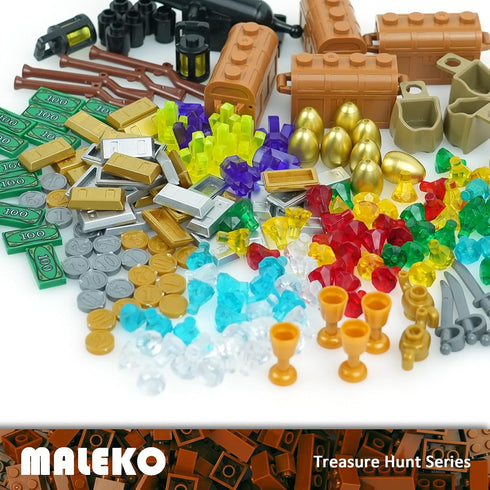 MALEKO Money Pirate Ship Treasure Accessories, Bank Dollars Cannon Crystals Gems Coins Gold Bar Silver Map Cash Chest