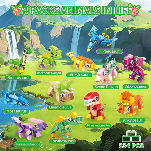 24 Pack 72 Set, 6-12 Dinosaur Party Favors for Kids - Kinds of Animals Building Block Toy Goodie Bags Fillers Classroom