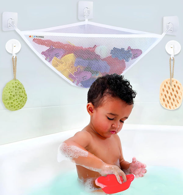 Mesh Bath Toy Holder - Kids Bath Toy Net for Tub, Corner Storage Bin, Shower Caddy with Suction Cup Hooks
