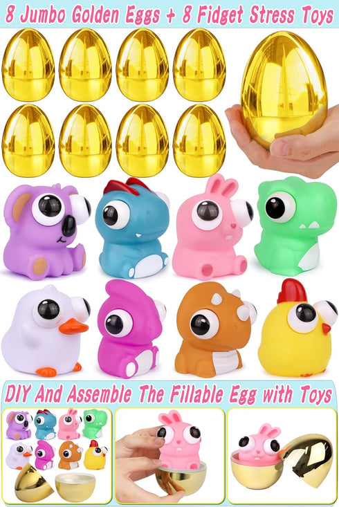 FLYSNK 8 Pack Jumbo Golden Easter Eggs Fillers with Eye-pop Fidget Stress Toys, Easter Basket Stuffers Fillers Large