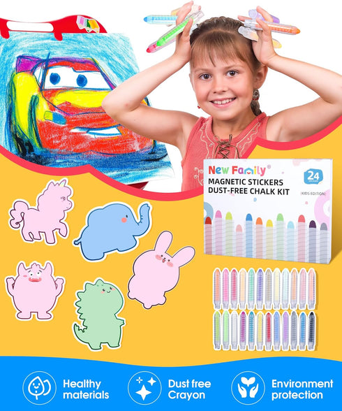 Set 24 NewFamily Kids Art Chalk - Color Dustless Chalk with Cute Magnetic Drawing Board, Creative Gift for Boys