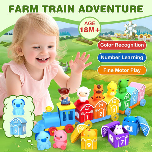 GooMags 1 2 3 Set Counting 9 10 2 Montessori Toys for Toddlers Years Old, Farm Animal Train with Matching Sorting