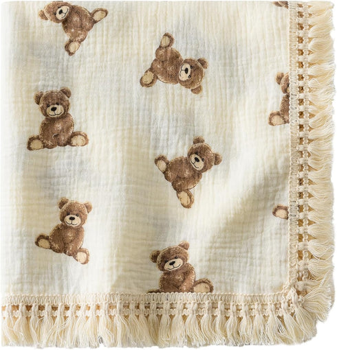Little Jump Cotton Muslin Swaddle Blankets with Tassel, Boho Bohimia Muslin Baby