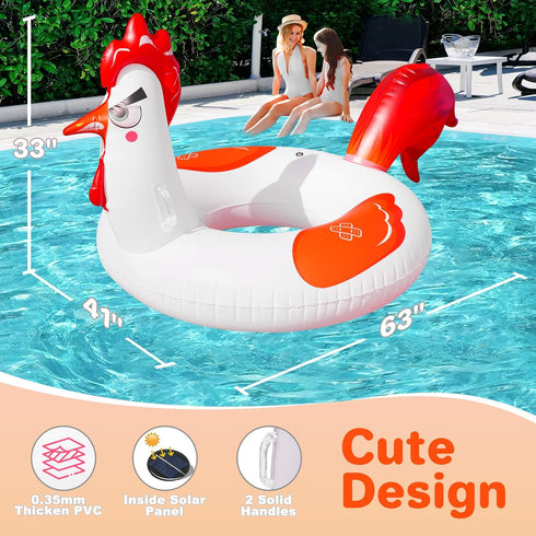 63" 2 Swimming Inflatable Pool Floats with Lights, Chicken Pool Floaties with Solar Powered RGB Color Changing, Large