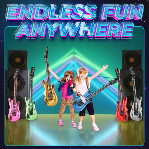 (pack 12) 36-inch 80s 90s Inflatable Guitars With Strap - Of Colorful Blow Up Guitar, Party Favors, DJ-props