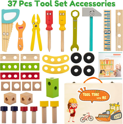 Bravmate Toddler Tool Set with Portable Tool Box & DIY Stickers, Wooden Kids Tool Sets for Boys Girls Age 2-4