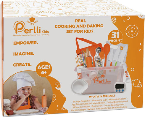 Set 31 Set 6+, PERLLI Kids Real Cooking for Cooking and Baking Pc. Gift for Junior Chef with Real Utensils, Case & Safe
