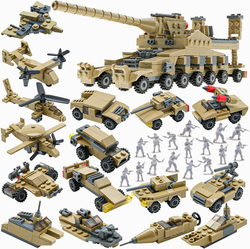 WW2 Army Building Blocks Toys Set, Create German Dora Heavy Cannon Model or 16 Small Military Vehicles for Boys 6+
