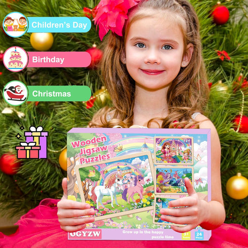 OGYZW 4-6, 4 Packs 24 3 4 5 6 Puzzles for Kids Ages Pcs Unicorn Princess Mermaid Wooden Jigsaw Puzzles, Preschool