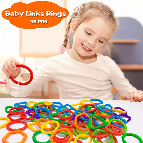 RAINBOW TOYFROG Baby Links Rings, 35 Geometric Linking Chains for Teething and Sensory Development, Infant Toys