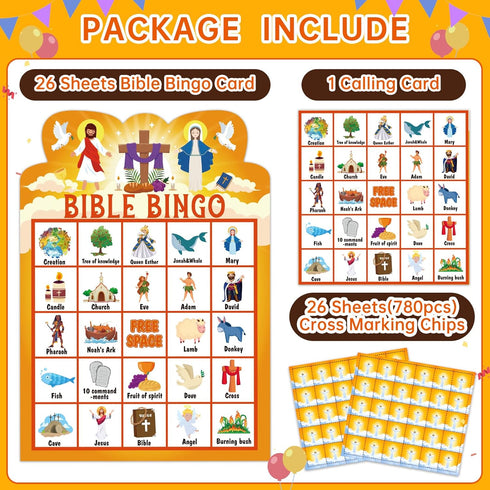 Bible Bingo Game for Kids and Adults, 26 Players Christian Bible Cards for Family Activities and Vacation Bible School