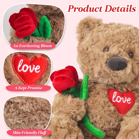 15" Cuckool Teddy Bear Stuffed Animal with Rose and Love Heart, Microwavable & Weighted Stuffed Animal Plush Gift