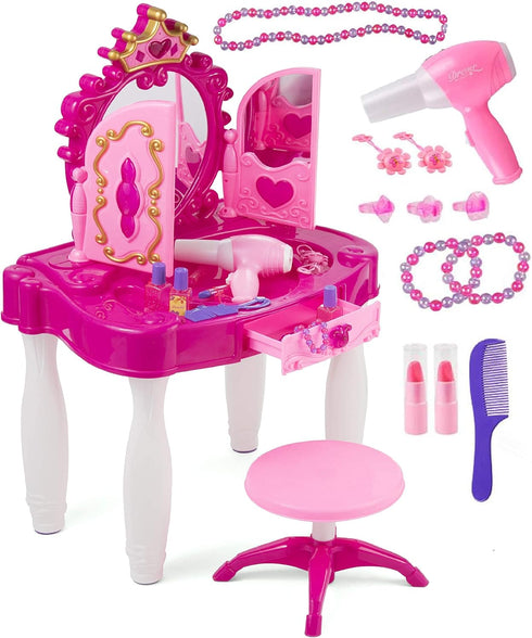 PREXTEX Kids Makeup Table with Mirror and Chair, Princess Play Set with Light and Musical Sound Effects