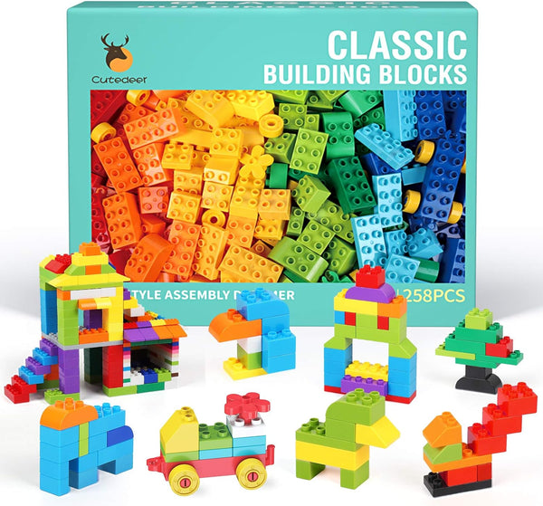 Cutedeer 258 Piece Classic Big Building Blocks Set for Kids, Compatible with Major Brands, STEM Toys with Gift Box
