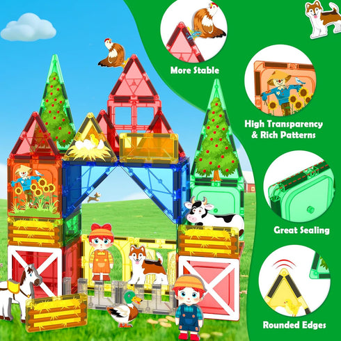 Set, Immersive 3-5, 3D Magnetic Tiles Farm Animals Storytelling Building Blocks for Toddlers Farm House STEM Toys