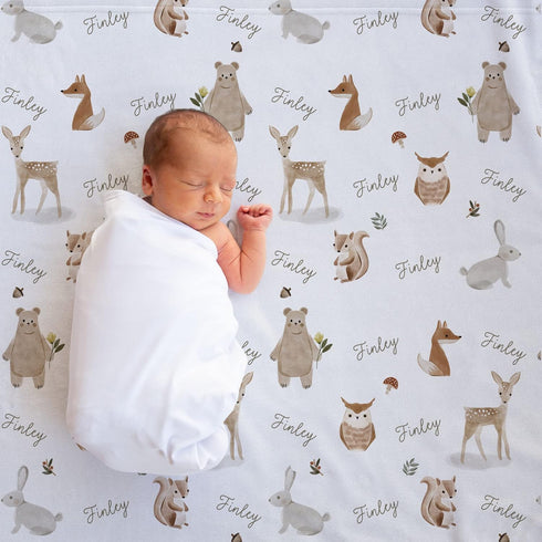 Stork Wares 30x40'' (BB342) Boho Woodland Animals Unisex Baby Swaddle Blanket, White