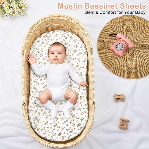 2 Pack Basumee Muslin Bassinet Sheets for Baby Girl Boy Soft Breathable Baby Bedside Bassinet Fitted Sheets with Bottom