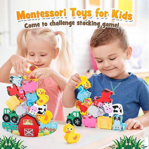 Montessori Toys for Kids 3-7, Wooden Farm Animal Blocks Stacking Games, Educational Toy for 3-6 Year Olds, Birthday