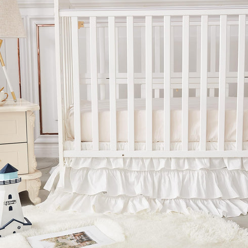Brandream Triple Layer Cotton Crib Skirt - Solid White Dust Ruffle for Nursery