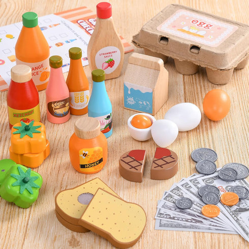 3 4 5 6 Lonico Wooden Play Food Toys for Kids, Market Grocery Store Toys with Snack & Shopping Bag & Apron
