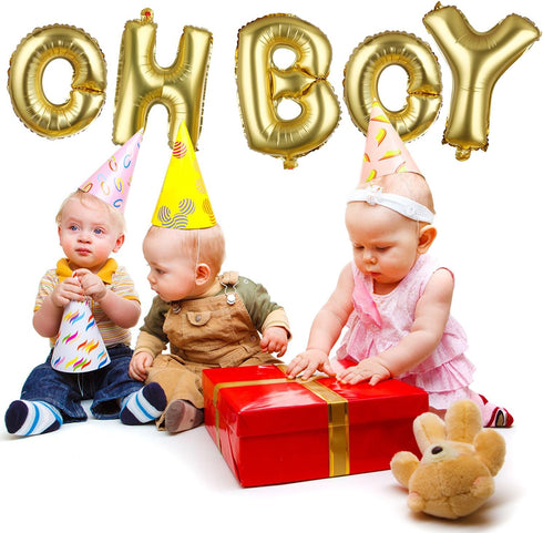 BBTO 2 Pack Oh and Boy Balloons Banners with Gold Rope for Baby Shower Birthday Party Gender Reveal