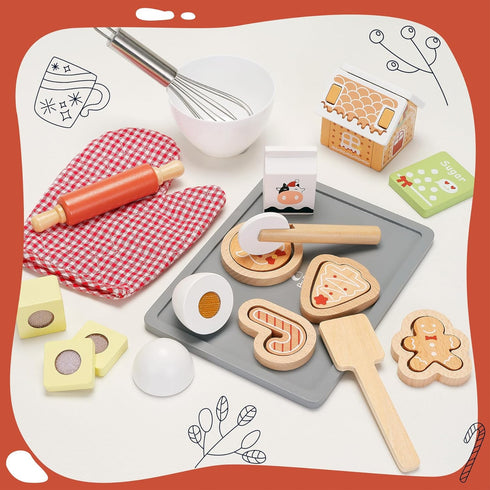 Playset 29 3D 3+ PairPear Gingerbread House Baking Piece Wooden Christmas Cookie Baking Kit, Toy Cookie Play Food