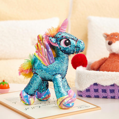 Athoinsu Unicorn Stuffed Animal Plush, Reversible Glitter Sequins, Children's Day Birthday Gift for Girls, Blue, 13"