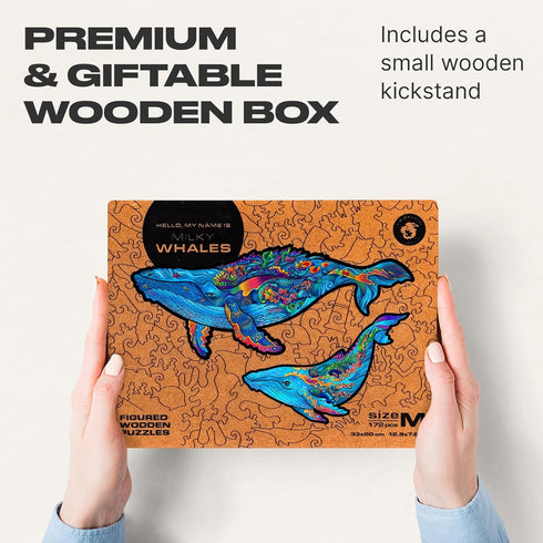 UNIDRAGON Original Wooden Jigsaw Puzzles - Milky Whales, 172 Pieces, Medium Size, Unique Gift Package