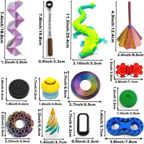 14-in-1 3D Set Printed Fidget for Adults - Sensory Anxiety Relief with Clicker, Articulated Dragon, Impossible Pyramid