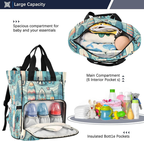 YANENDIE Backpack, Backpack Backpack Colorful Surfboards Diaper Bag Unisex Travel Baby Diaper Bags with Stroller Straps