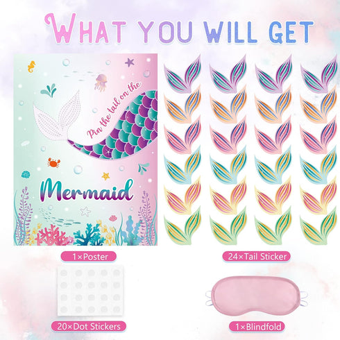 WERNNSAI Pin The Tail on The Mermaid Game - Mermaid Party Decorations with 21'' x 28'' Poster & 24 Pcs Tail Stickers